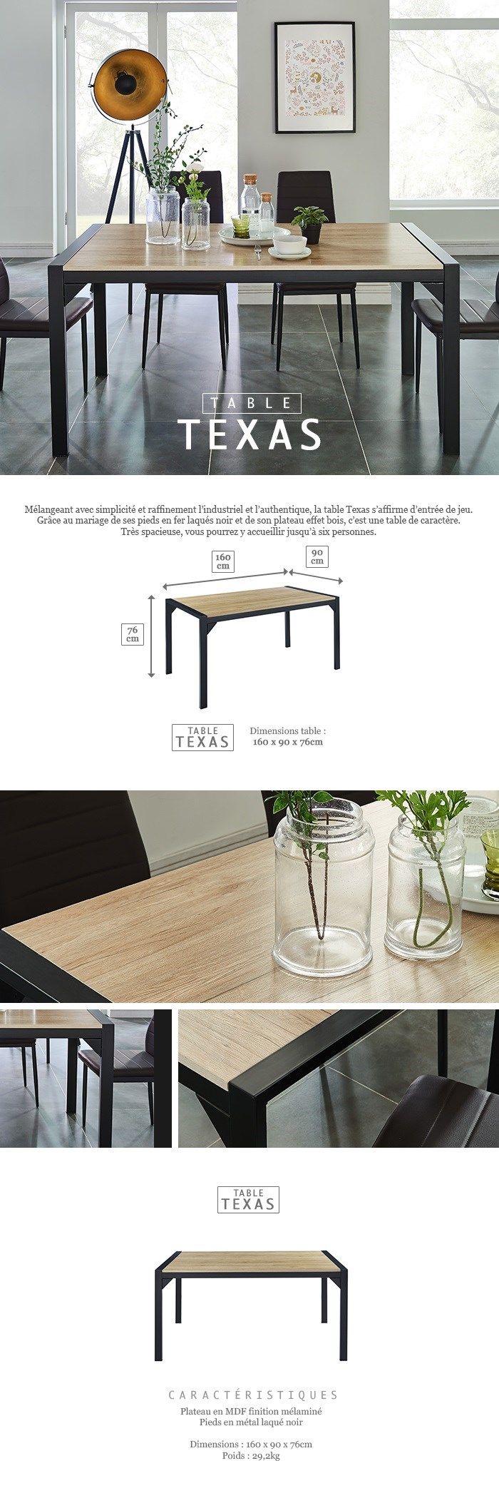 TEXAS Table a manger decor chene mat - Style et design industriel
