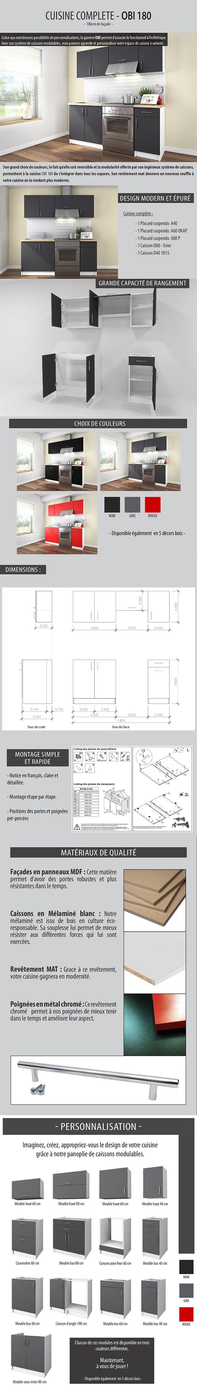 OBI Cuisine complete lineaire 1m80 gris mat contemporain mélamines blanc Portes et facades coloris gris mat 