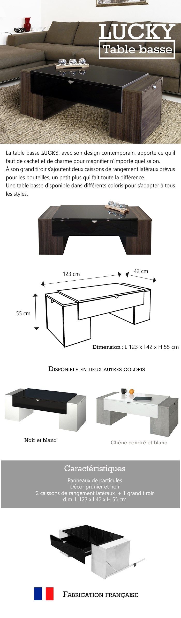 LUCKY Table basse chene cendre design contemporain rangements lateraux
