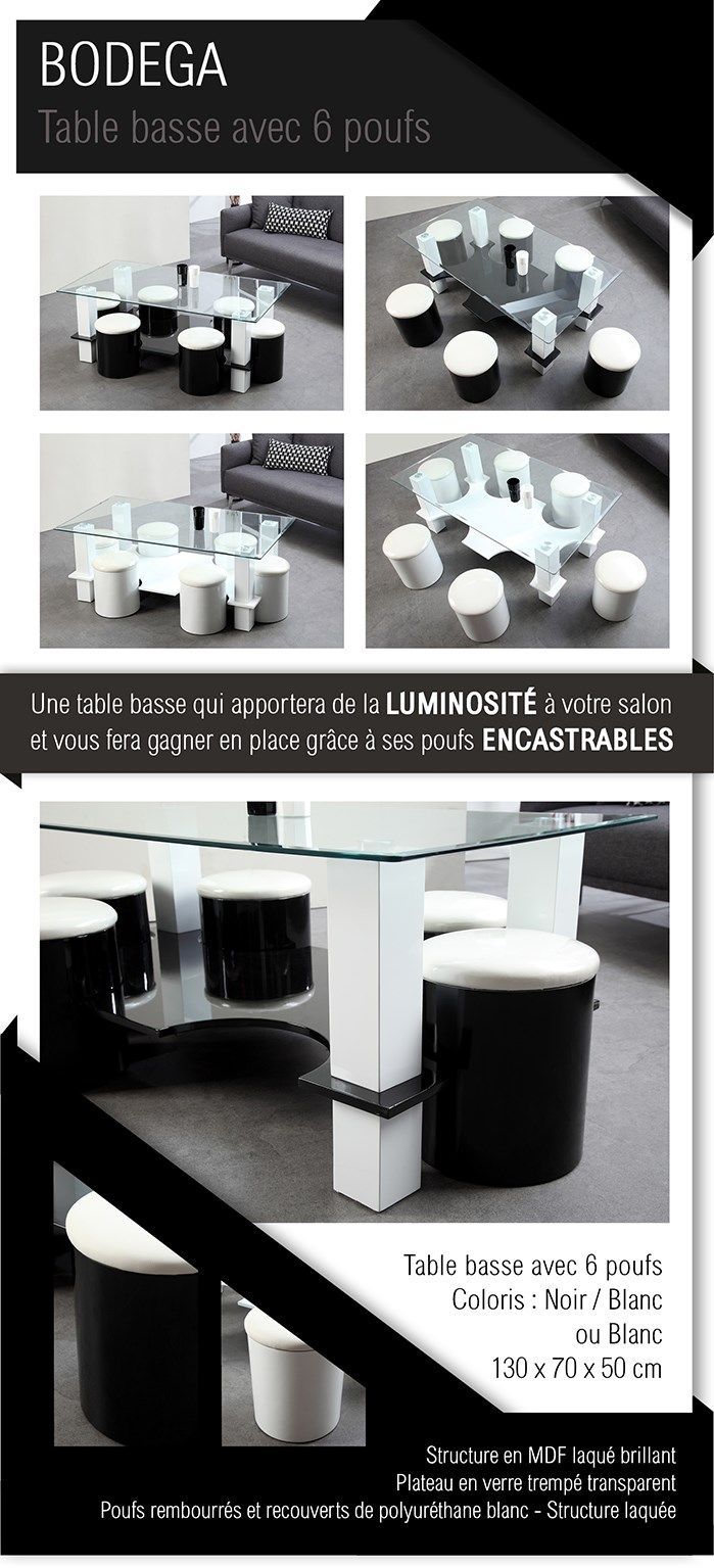 BODEGA Table basse + 6 poufs contemporain MDF noir et blanc - L 130 x P 70 cm noir