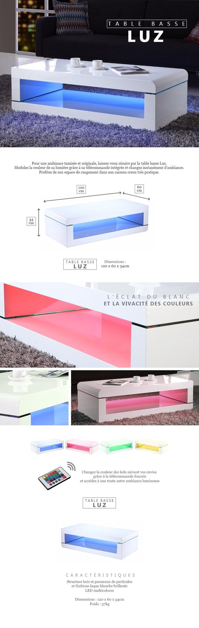 LUZ Table basse avec LED multicolore style contemporain laqué blanc brillant - L 120 x l 60 cm